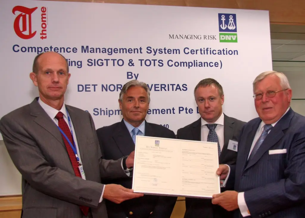 Thome CEO Olav Eek Thorstensen, president Claes Eek Thorstensen, and Capt Ivar Thomasli, managing director of Thome Ship Management Philippines, were presented with the DNV SeaSkill certification by DNV president Tor Svensson at DNV’s Singapore offices