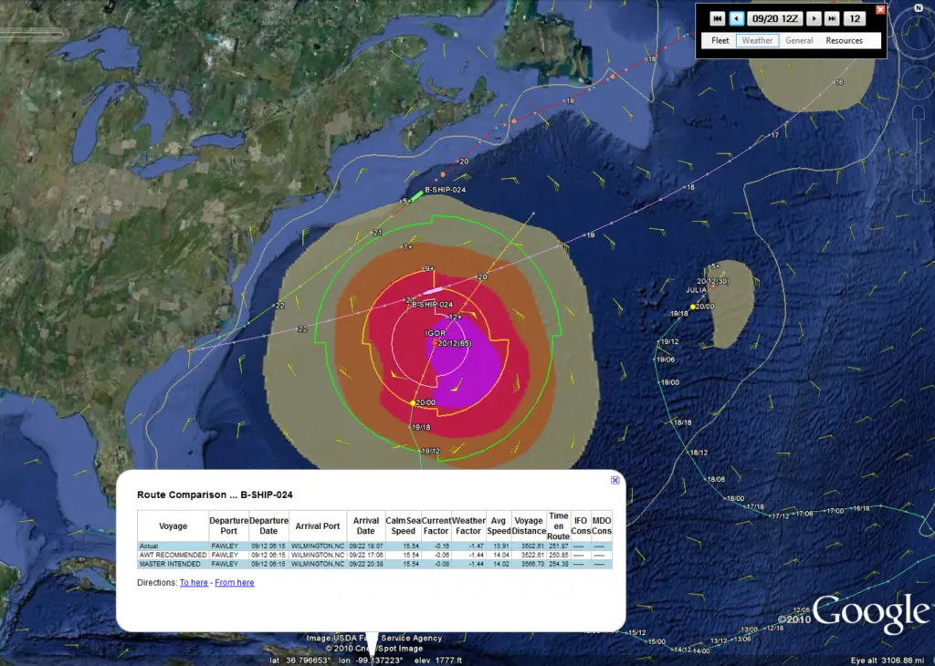 GlobalView Route Comparison shows AWT’s route providing better clearance of hurricane Igor while providing earlier arrival