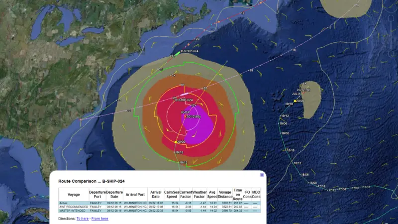 GlobalView Route Comparison shows AWT’s route providing better clearance of hurricane Igor while providing earlier arrival