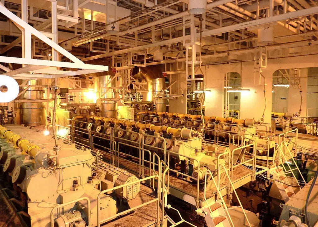 View of the engine room onboard ‘Castillo de Santisteban’ with its dual-fuel MAN 8L51/60DF engines