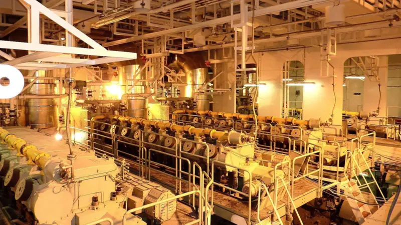 View of the engine room onboard ‘Castillo de Santisteban’ with its dual-fuel MAN 8L51/60DF engines