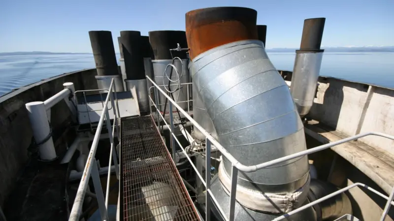 View of ship’s funnel equipped with Hamworthy Krystallon scrubber