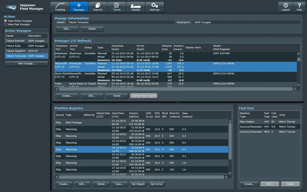 The screen shot demonstrates the ship information available with Jeppesen Fleet Manager, showing the status of the ship from the coloured indicators - green showing that everything is operating within accepted parameters and red being something ...