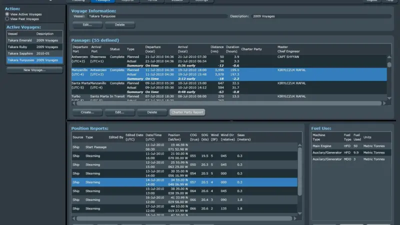The screen shot demonstrates the ship information available with Jeppesen Fleet Manager, showing the status of the ship from the coloured indicators - green showing that everything is operating within accepted parameters and red being something ...