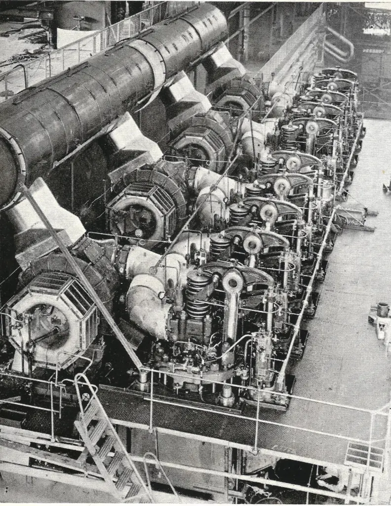 Cylinder top view of B&W 10-cylinder 840mm bore engine on the test bed