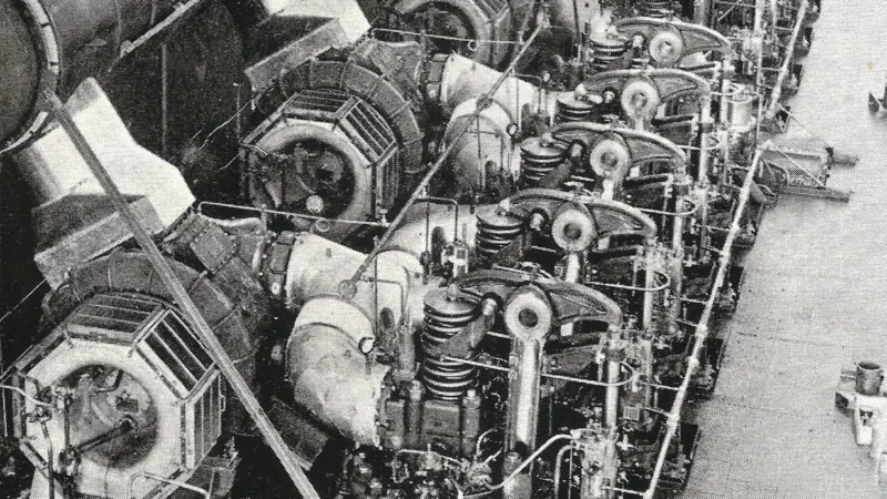 Cylinder top view of B&W 10-cylinder 840mm bore engine on the test bed