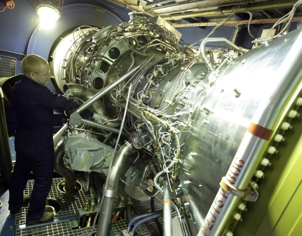 A Rolls-Royce MT30 gas turbine undergoes testing on the test bed in Filton, Bristol, UK