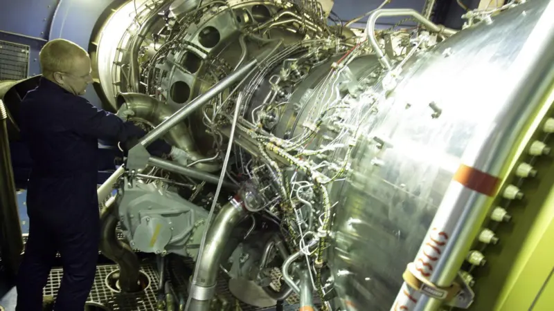 A Rolls-Royce MT30 gas turbine undergoes testing on the test bed in Filton, Bristol, UK