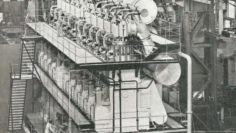 The first 850mm-bore Gotaverken engine, a 10-cylinder unit rated at 21,000 bhp, on test at the factory