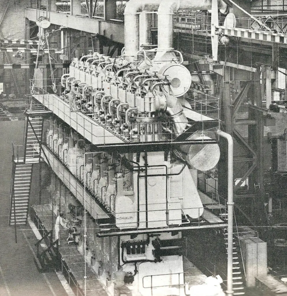 The first 850mm-bore Gotaverken engine, a 10-cylinder unit rated at 21,000 bhp, on test at the factory