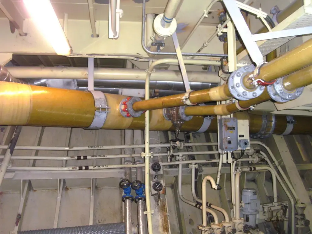 Some of the new glass fibre piping installed in the engine room