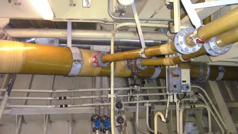 Some of the new glass fibre piping installed in the engine room