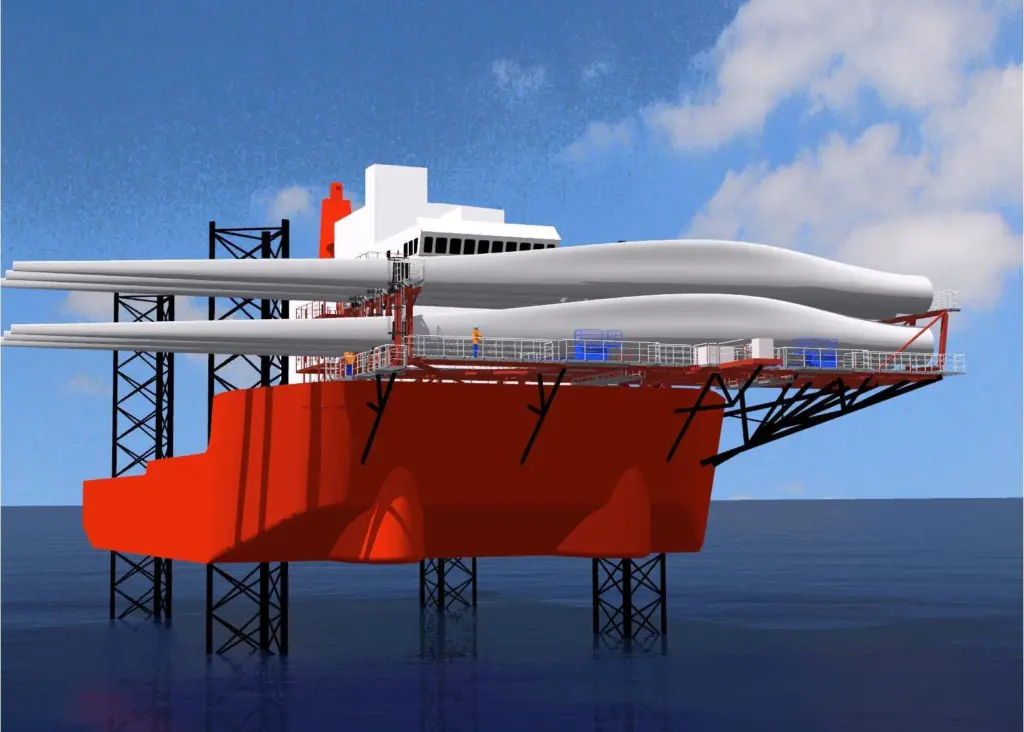 A computer image showing a Seajacks vessel with blades