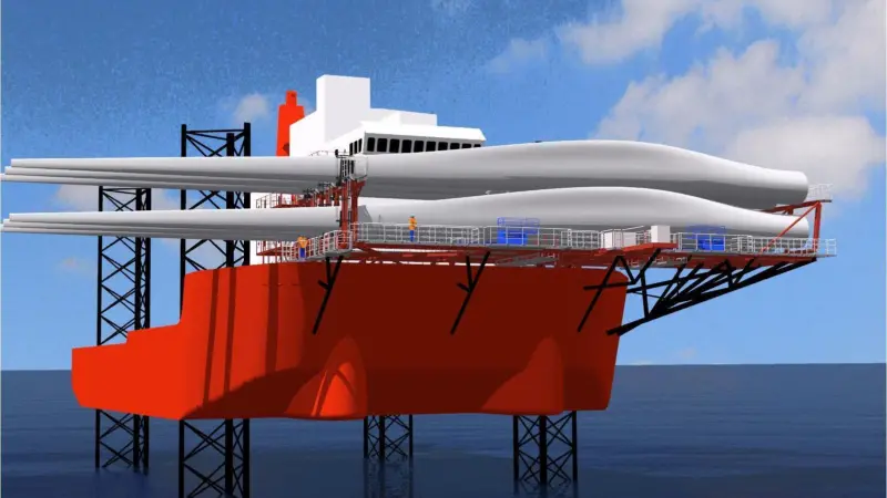 A computer image showing a Seajacks vessel with blades