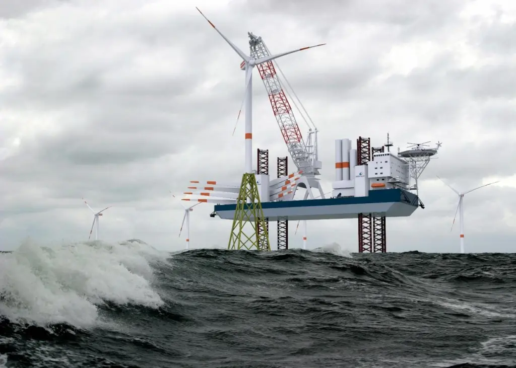 The turbine installation vessel will operate in year around weather conditions with an operational water depth range of 4.5m to 50m