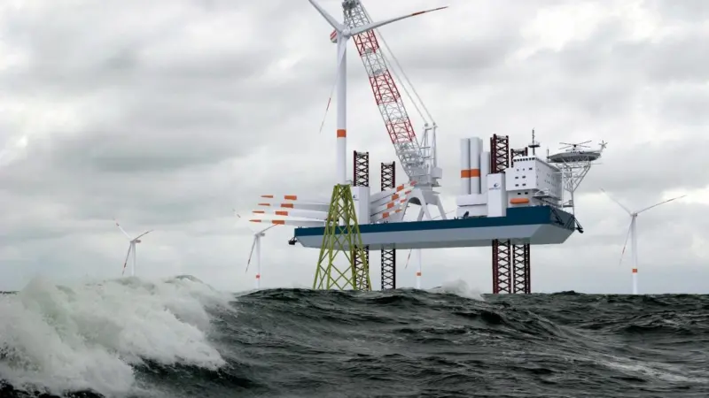 The turbine installation vessel will operate in year around weather conditions with an operational water depth range of 4.5m to 50m