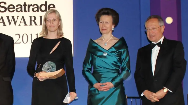 Gunvor Ulstein receives the Young Person in Shipping awards from HRH Pricess Royal, watched by the IMO secretary-general