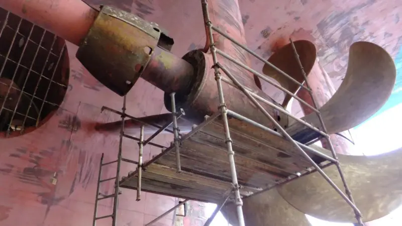 Grand Princess port strut with rope guard intact for easy bearing access