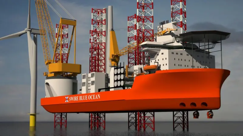Swire Blue Ocean’s vessel, currently in build in Korea, is typical of the latest generation of large specialised wind farm service vessels