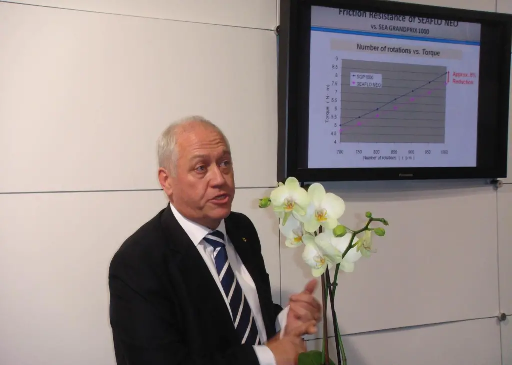 Paul Cain, European marketing manager for Chukogu Marine Paints, presents the new anti-foulings at Nor-Shipping