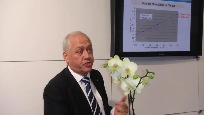 Paul Cain, European marketing manager for Chukogu Marine Paints, presents the new anti-foulings at Nor-Shipping