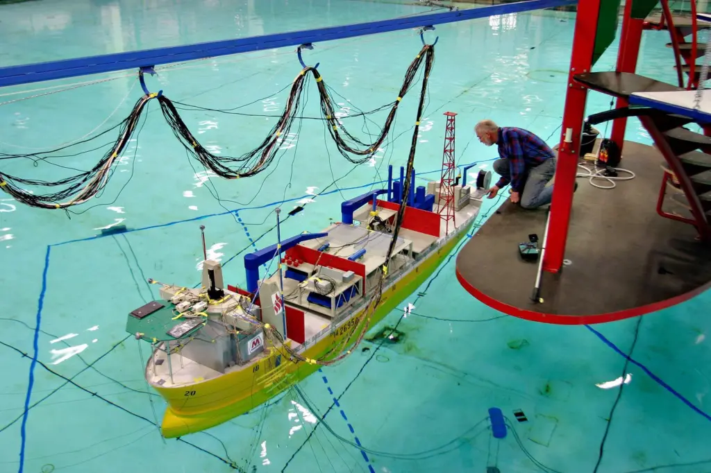 Sintef researchers undertaking model tests at the Marintek basin