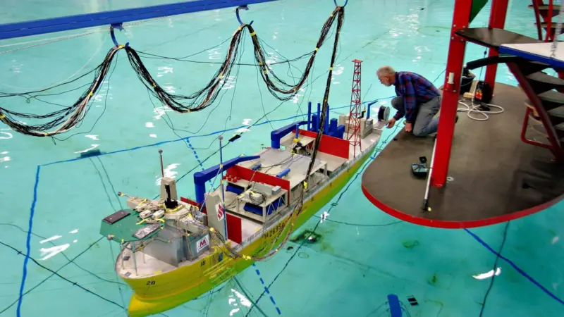 Sintef researchers undertaking model tests at the Marintek basin