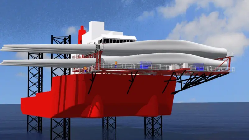 A computer image showing a Seajacks vessel with blades
