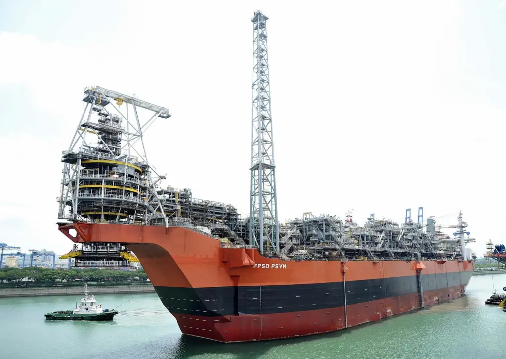 The newly converted ‘FPSO PSVM’ leaving Jurong shipyard