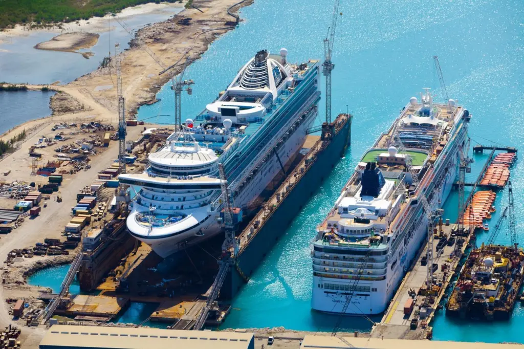 ‘Grand Princess’ in the floating drydock at the Grand Bahama Shipyard (photo: Grand Bahama Shipyard, Mark Dacunha Photography)