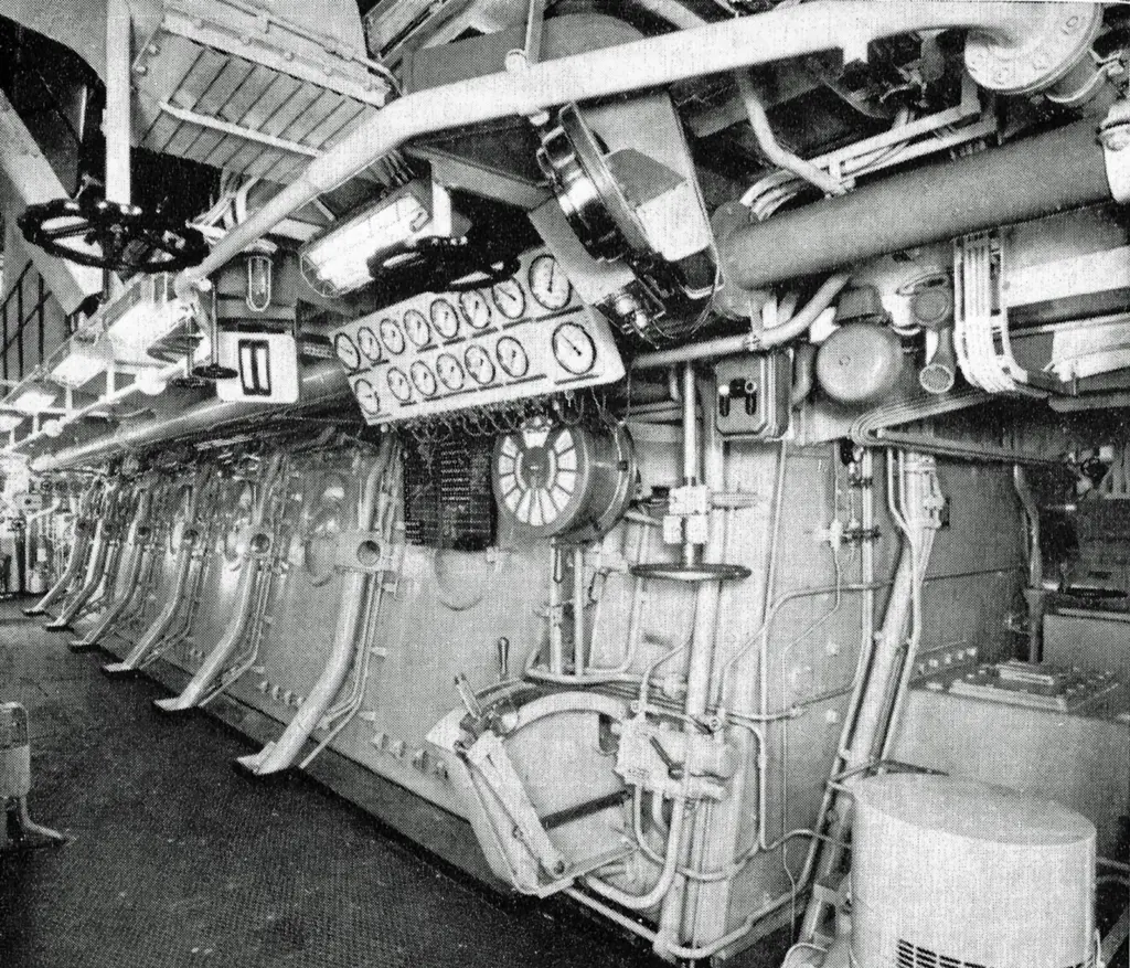 The port side of the Sulzer main engine in ‘Seine Lloyd’ showing the control position