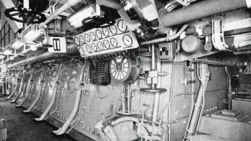 The port side of the Sulzer main engine in ‘Seine Lloyd’ showing the control position