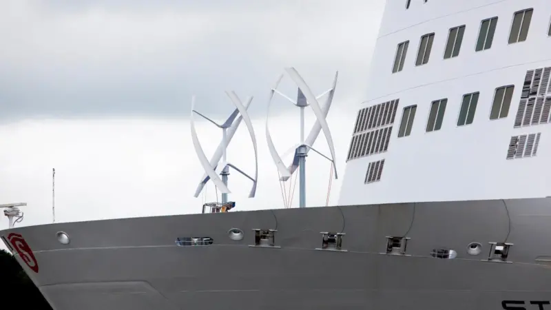 ‘Stena Jutlandica’ seen here fitted with two wind turbines on her foredeck