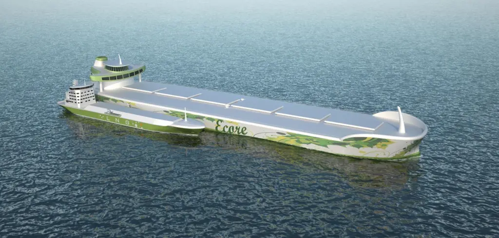 The Ecore VLOC concept, recently launched by DNV, TGE, MAN, FKAB and Cargotec, brings LNG fuel technology to large bulkers: in this view, the Ecore ship is taking on LNG from a specially-developed bunker vessel