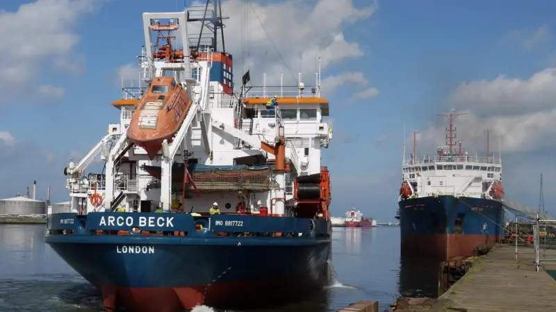 Dredger 'Arco Beck' owned by Hanson Aggregates Marine, leaves A&P's Tees yard following major refurbishment work after a two year layup