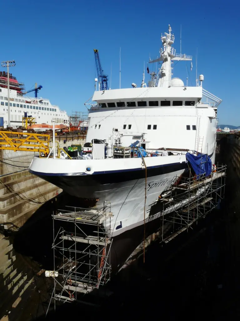 The ‘Spirit of Adventure’ undergoing repairs at Gibdock drydock