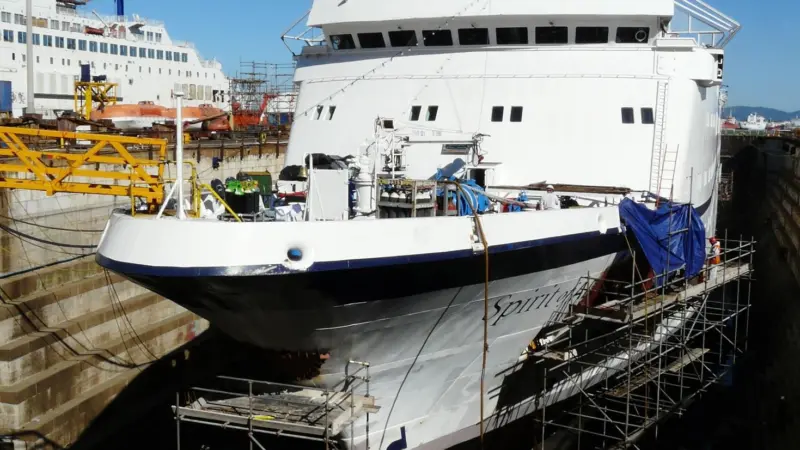 The ‘Spirit of Adventure’ undergoing repairs at Gibdock drydock