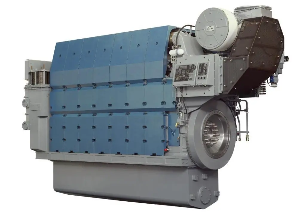 One of each ship’s two medium-speed MAN 8L27/38 workhorses