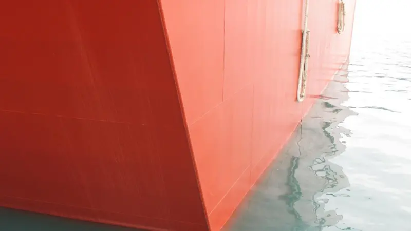 A clean waterline on a drill ship newbuilding at DSME, after a seven-months outfitting period following application of Sigma Nexeon 750