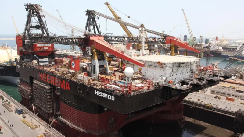 Semi-submersible crane vessel ‘Hermod’ undergoing refurbishment at Dubai