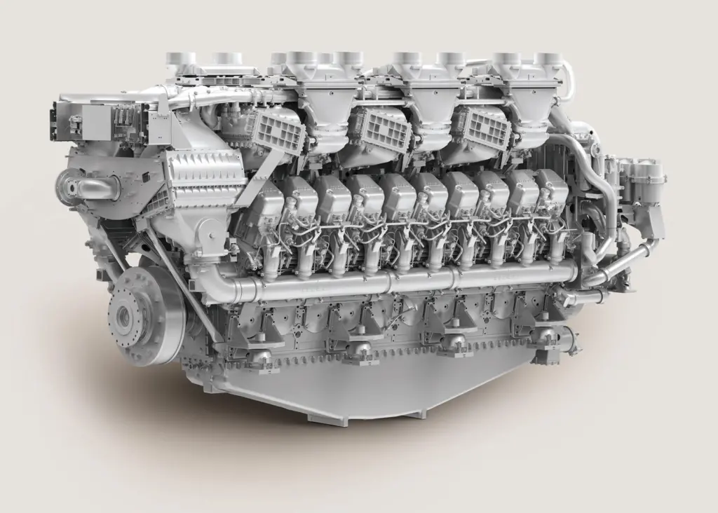 The new generation of MTU’s series 1163 engines sees a newly developed version of the engine, without exhaust after-treatment, seen here in the: 20-cylinder version