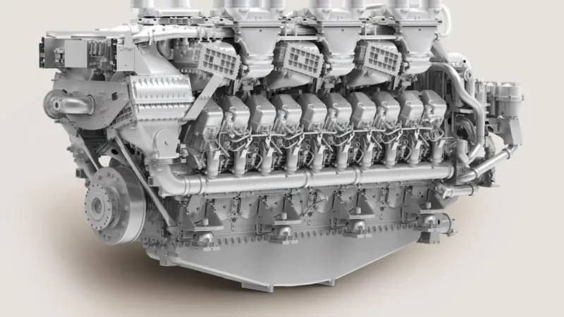 The new generation of MTU’s series 1163 engines sees a newly developed version of the engine, without exhaust after-treatment, seen here in the: 20-cylinder version