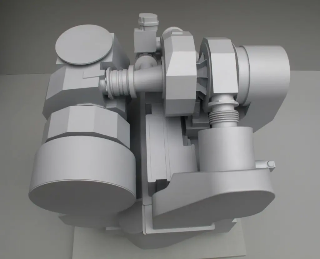 Model illustrating the compact architecture of MAN two-stage turbocharging with intermediate cooling