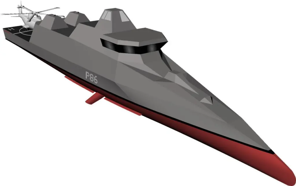 The future warship concept employs a monohull configuration with sharp, wave-piercing bow