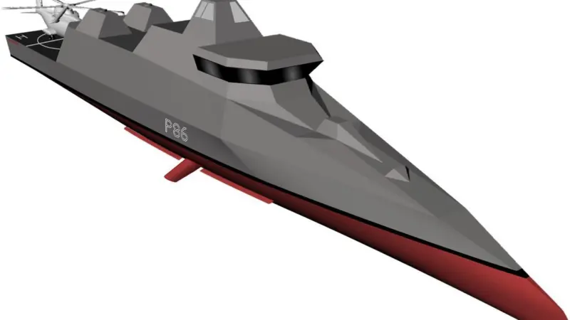 The future warship concept employs a monohull configuration with sharp, wave-piercing bow