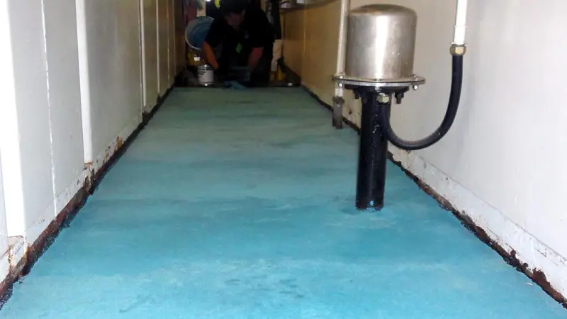 Interior decks of tanker 'RFA Black Rover' after refurbishment with SynDeck underlayment material