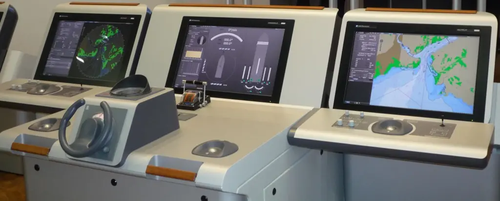 A SAM Electronics NACOS Platinum integrated bridge system, more than 130 of which have already been ordered worldwide for installation aboard ships of all types and sizes