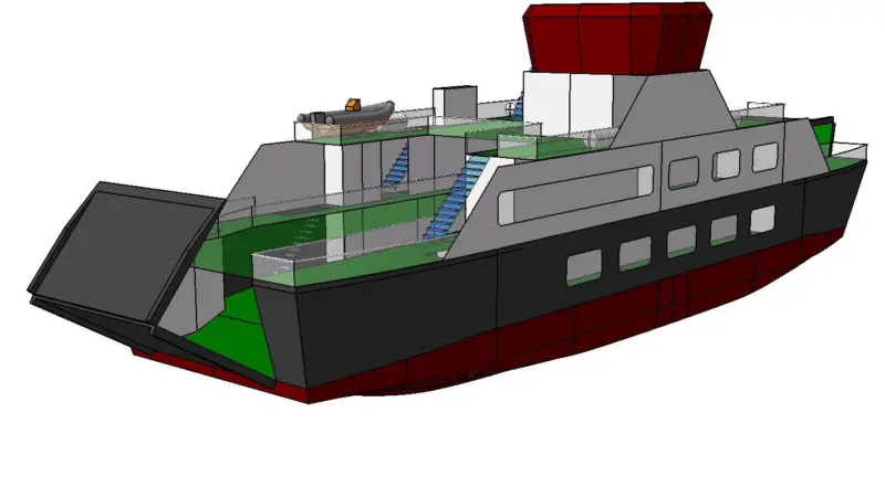 Preliminary drawing of the CalMac hybrid ferry showing the stern ramp configuration