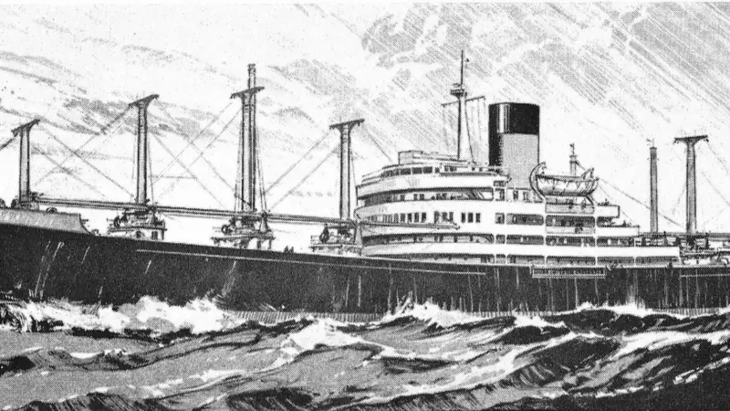 Artist’s impression of the distinctive ‘Glenlyon’ class 11,000gt cargo liners for the Alfred Holt group, two of the four being built in Govan, and the others in the Netherlands
