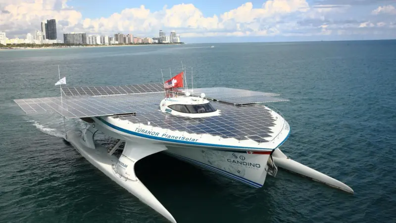 ‘Planet Solar’ is nearing the end of the first round the world voyage to be completed using only solar power.
